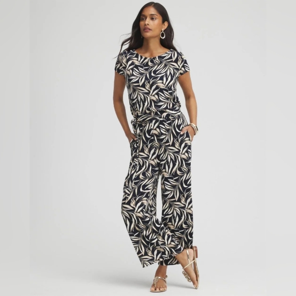 🆕 Chico's Travelers™ Leaves Belted Jumpsuit, Size 2/L, NWT